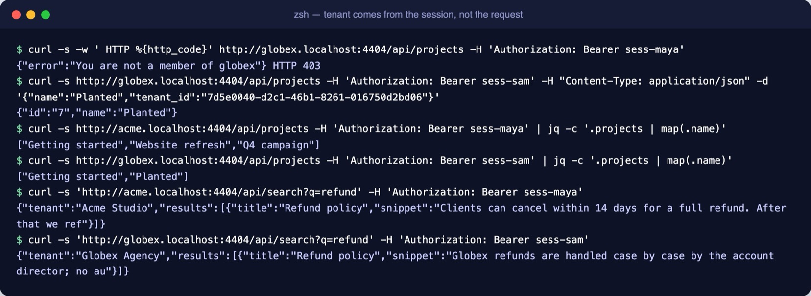 Terminal: 403 for a non-member; a project created with another tenant id in the body lands in the sender’s own tenant; each tenant’s search returns only its own refund policy