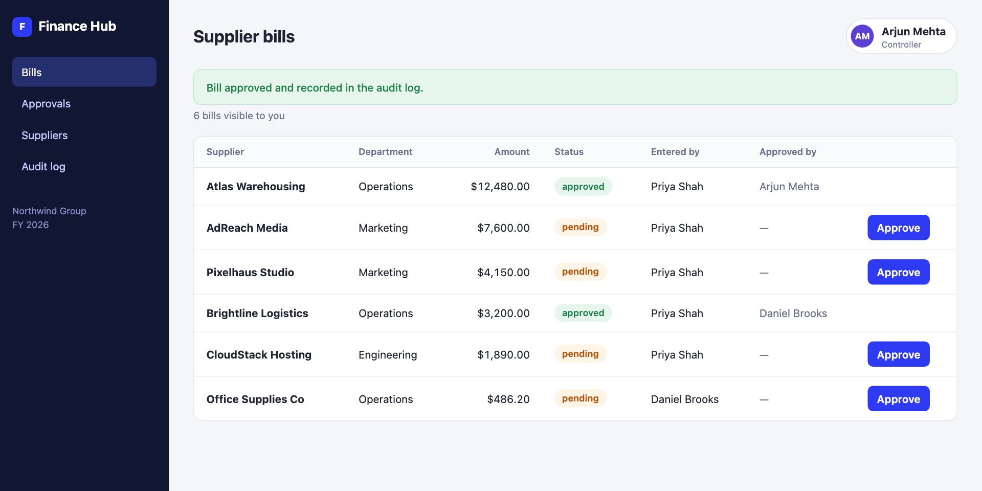 Finance Hub signed in as the controller with the message: Bill approved and recorded in the audit log
