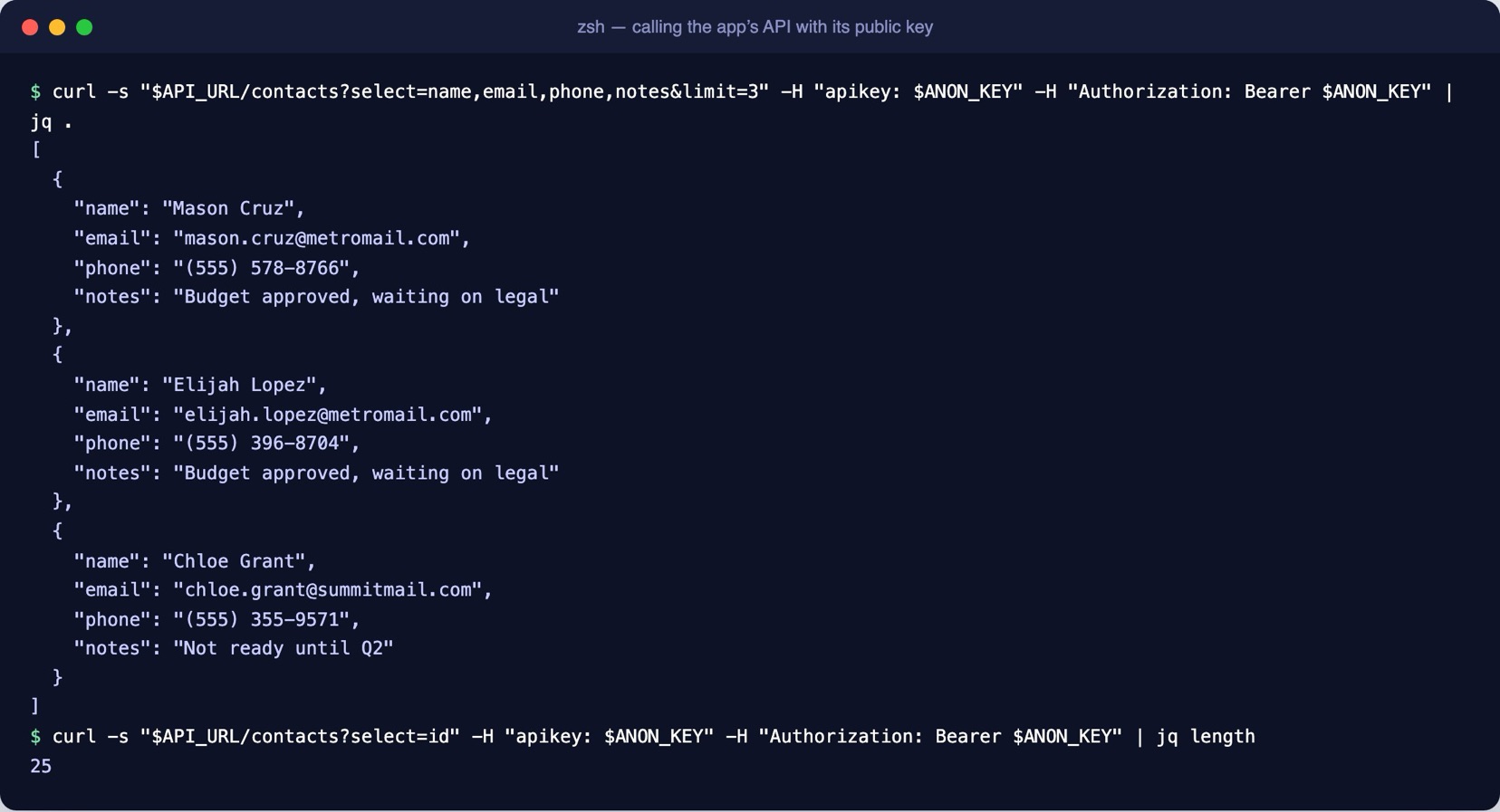 Terminal: a curl request with the public anon key returns contacts with names, emails, phone numbers and notes; a second request counts 25 rows, every contact of both businesses