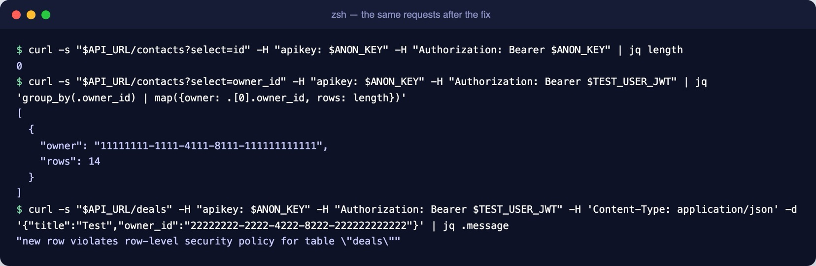 Terminal: the anonymous request now returns 0 rows; the test user sees only their own 14 contacts; inserting a deal for another account fails with a row-level security error