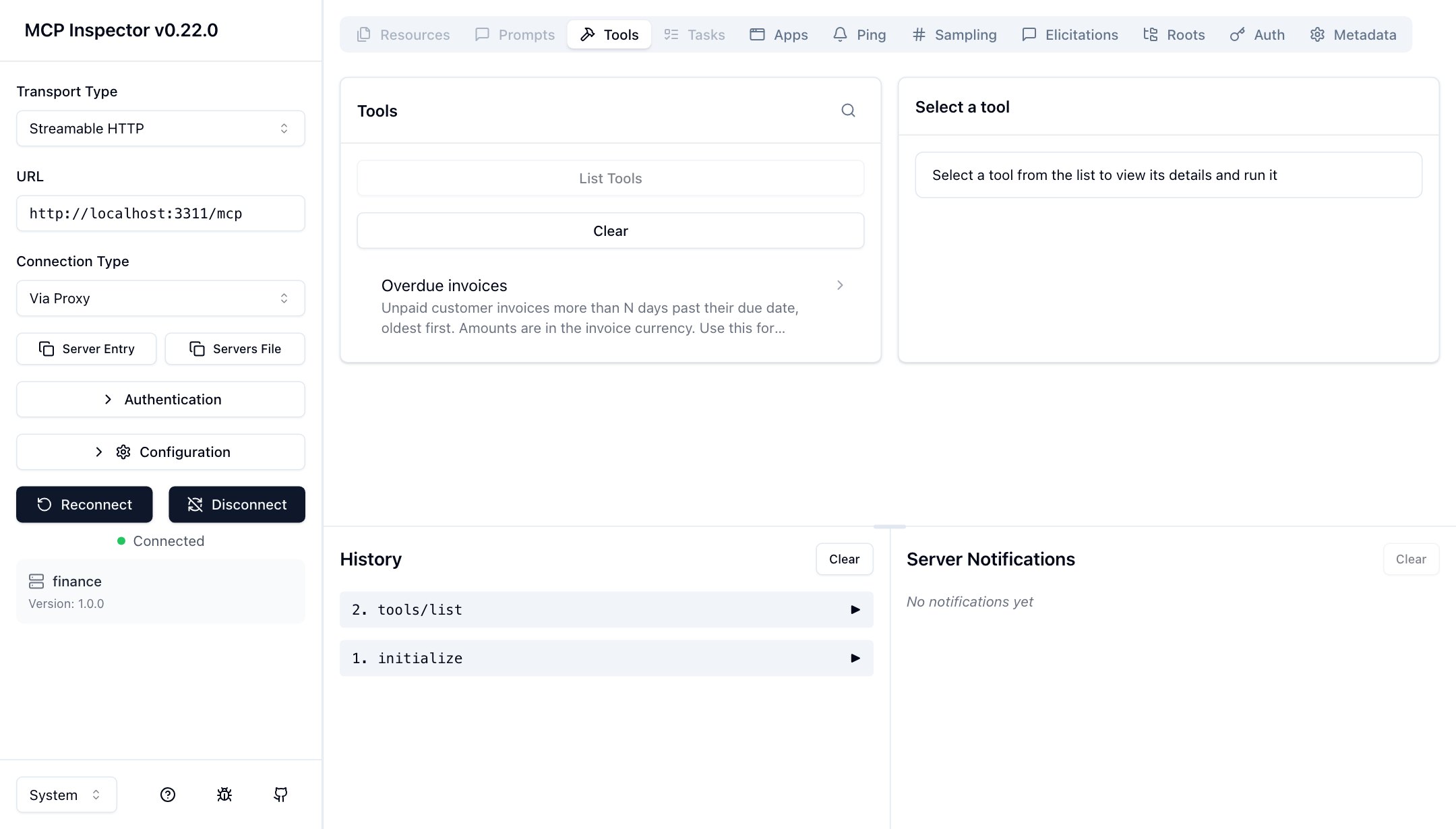 MCP Inspector connected to the finance server, listing the Overdue invoices tool