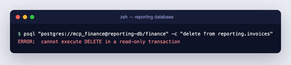 Terminal: delete as mcp_finance fails with cannot execute DELETE in a read-only transaction