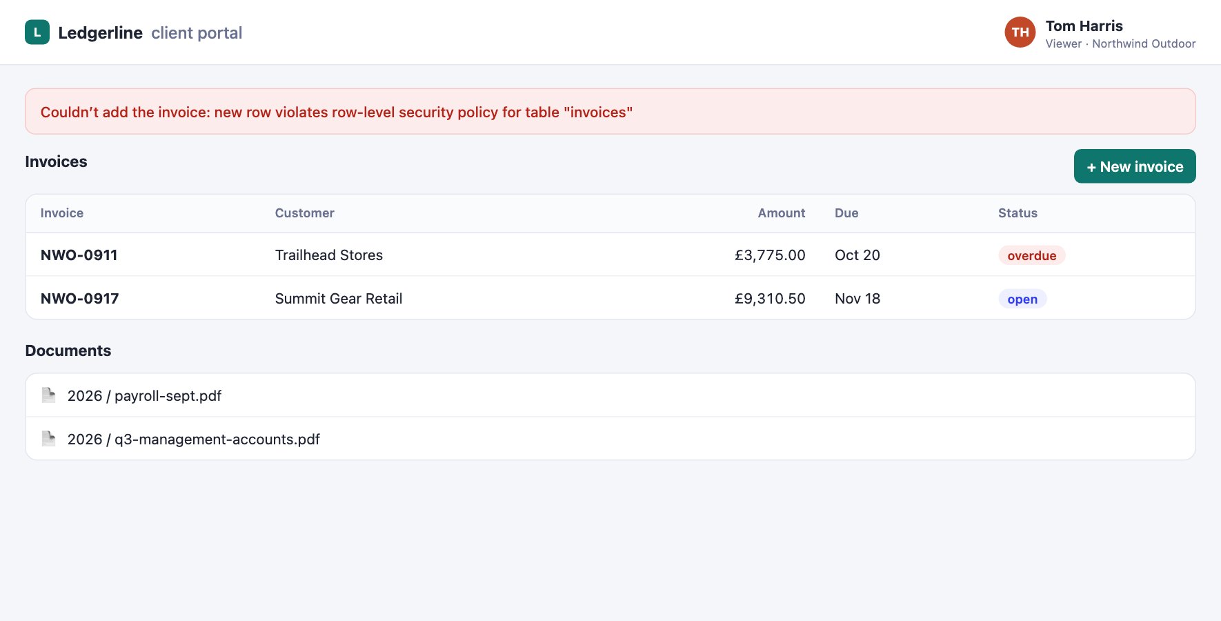 Portal error: Couldn’t add the invoice: new row violates row-level security policy for table invoices