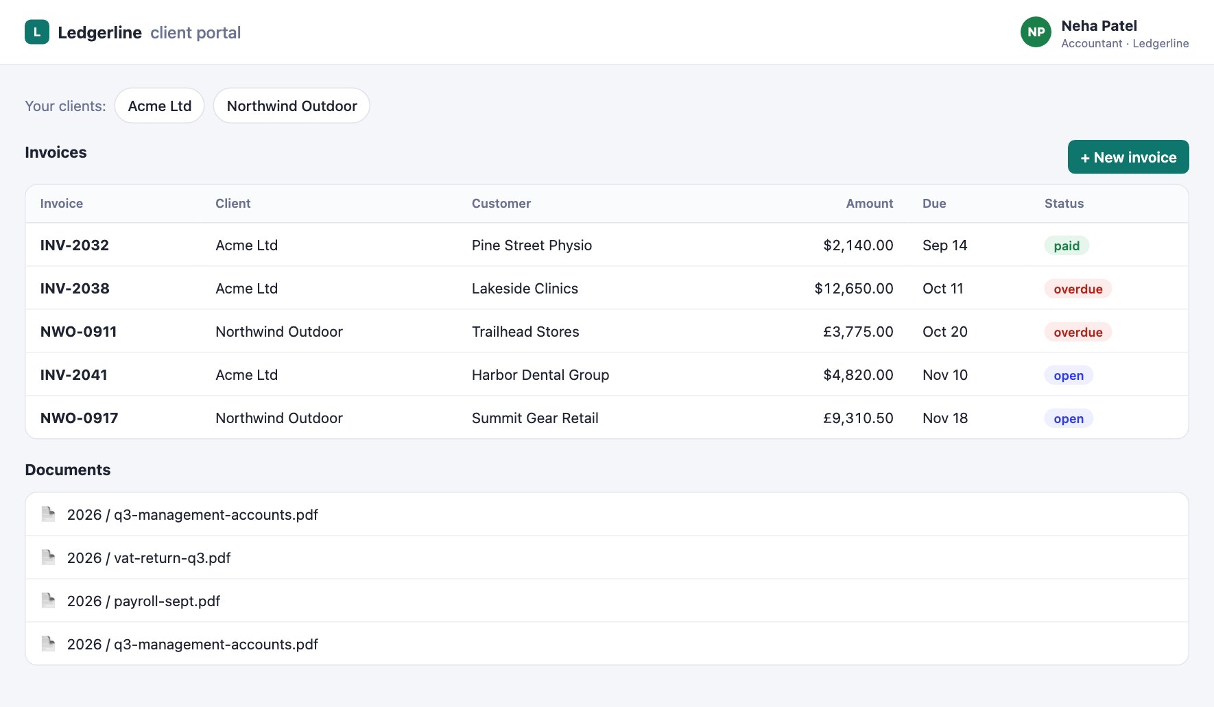 Accountant view listing invoices from Acme Ltd and Northwind Outdoor only