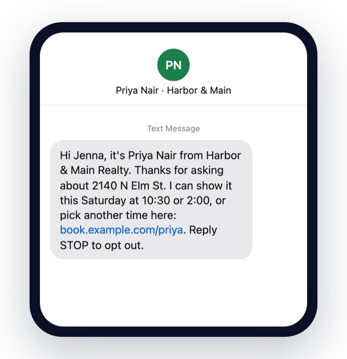 A text message from Priya Nair at Harbor & Main Realty: thanks for asking about 2140 N Elm St, viewing times on Saturday at 10:30 or 2:00, a booking link, and reply STOP to opt out