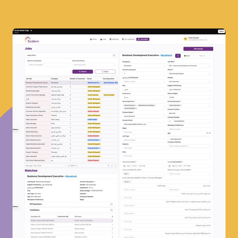 Scalers Retool app: jobs and matches screens