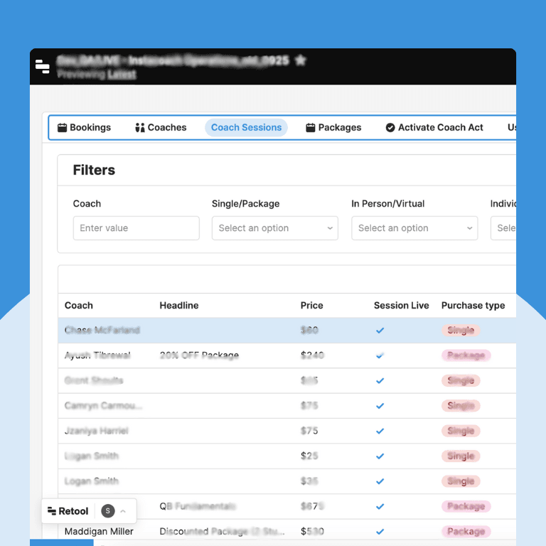 Instacoach Retool dashboard: coach sessions with filters
