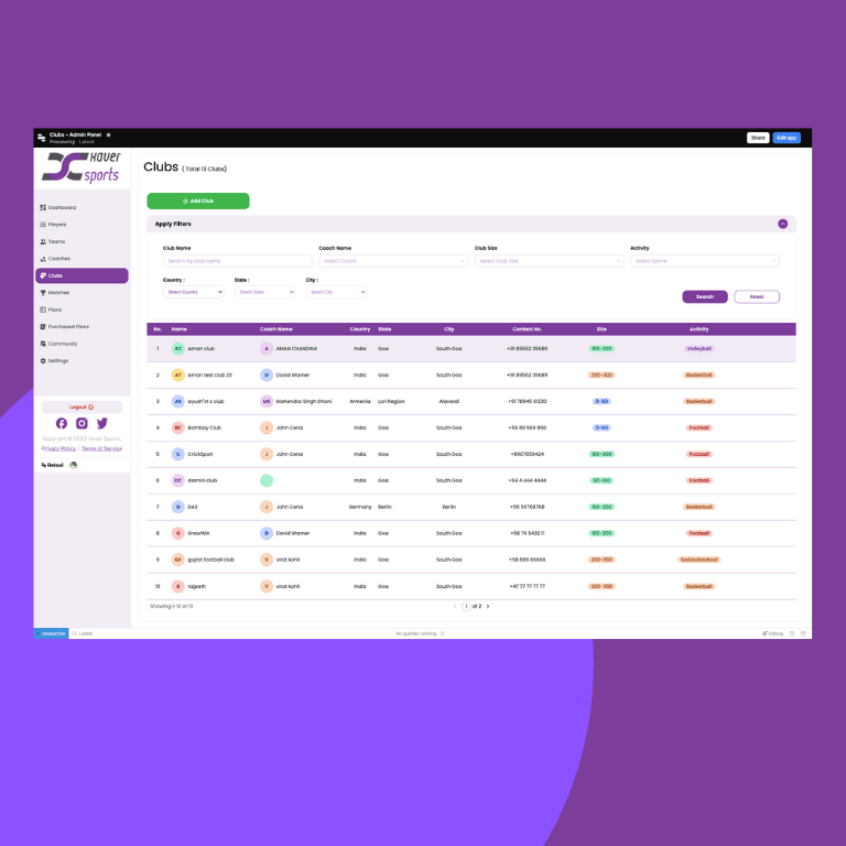 Xaver Sports Retool back office: club list and data screens