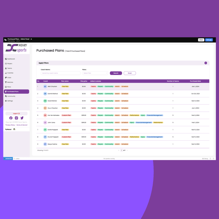 Xaver Sports back office screens in Retool